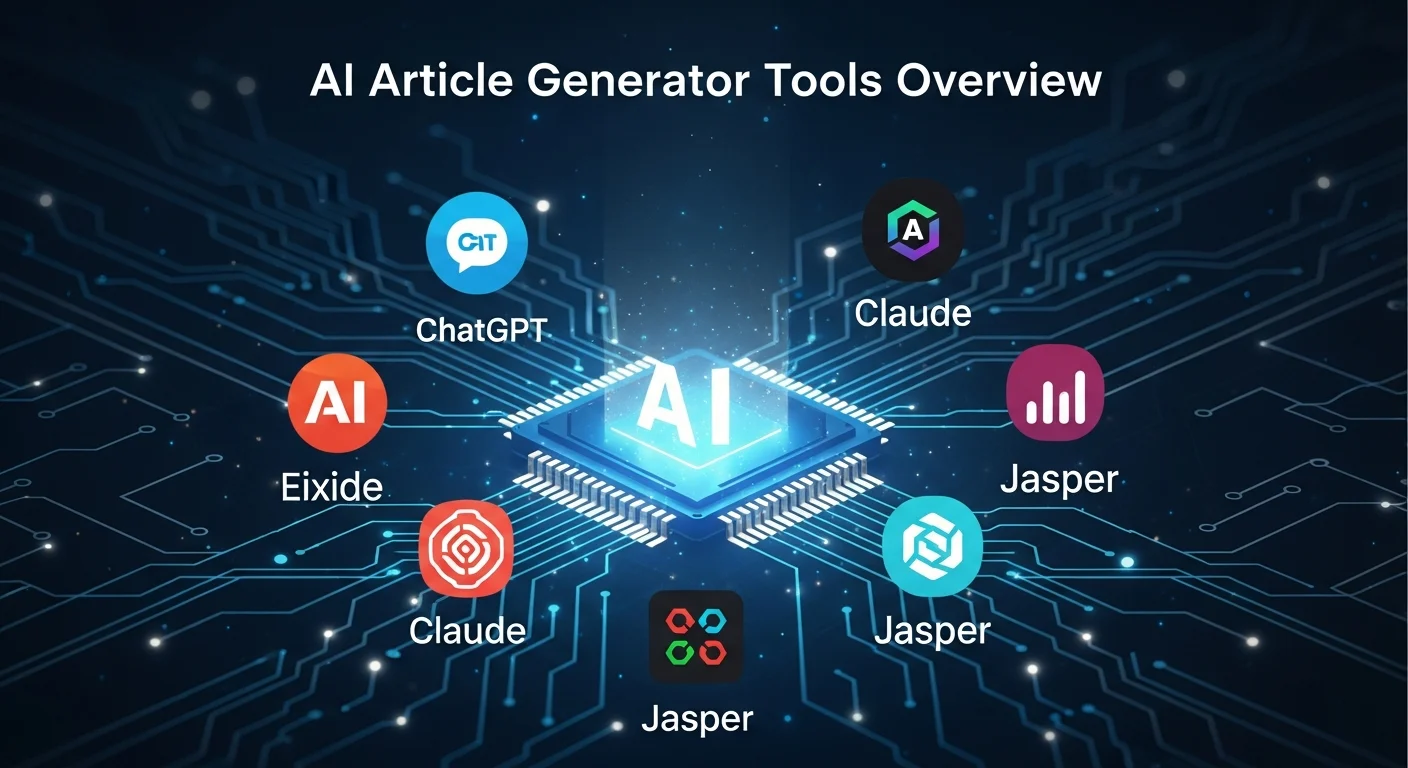 AI 文章產生器工具總覽圖，展示 ChatGPT、Claude、Jasper 等多種 AI 工具的 Logo 圖示排列，背景為深藍色科技感設計，中央有發光的 AI 晶片圖案