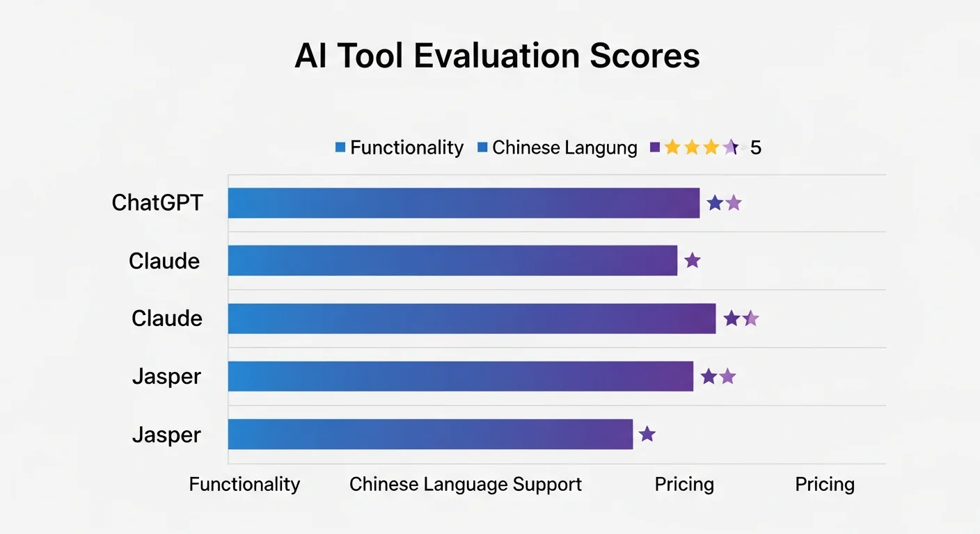 AI 工具評測分數圖表，以橫條圖呈現各工具的評分星等，包含 ChatGPT、Claude、Jasper 等工具的功能、中文支援度、價格評比，使用藍色和紫色漸層配色