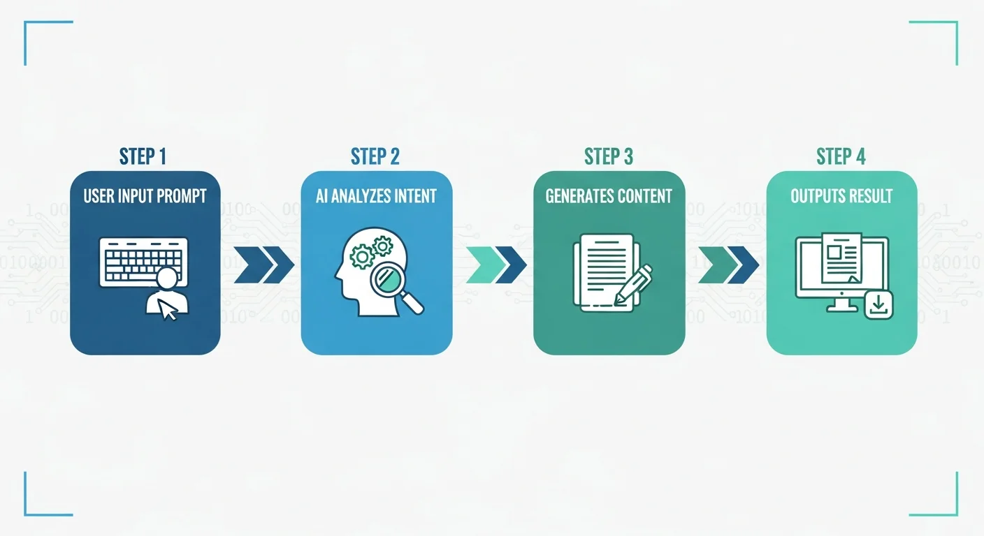 AI 文章產生器運作流程圖，以四個步驟呈現：用戶輸入指令→AI 分析意圖→產生內容→輸出結果，使用箭頭連接各步驟，配色為科技藍綠色調
