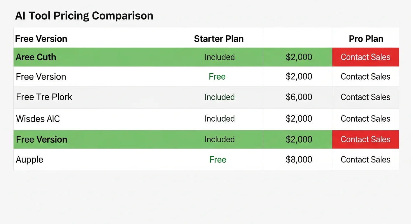 AI 工具價格比較表格截圖風格圖片，以表格形式呈現各工具的免費版、入門版、專業版價格，使用綠色標示免費，紅色標示高價