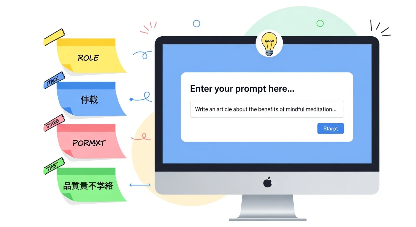 AI 文章產生器使用技巧圖解，展示一個電腦螢幕顯示 Prompt 輸入介面，旁邊有便利貼標示「角色」「任務」「格式」「品質標準」等重點