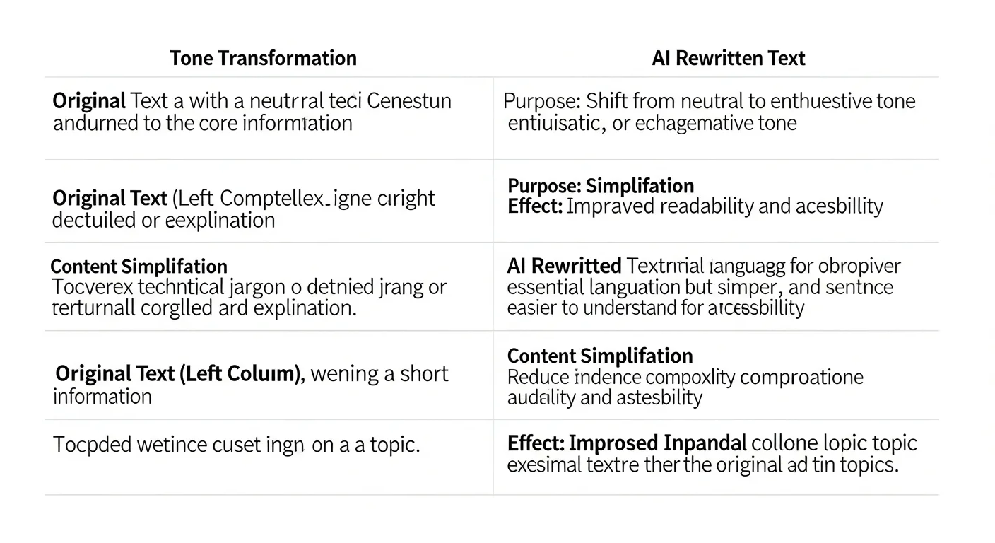 AI 改寫實際效果對比表格，以左右對照形式展示三種改寫案例：語氣轉換、簡化內容、擴充資訊，每種案例標註改寫目的與效果說明