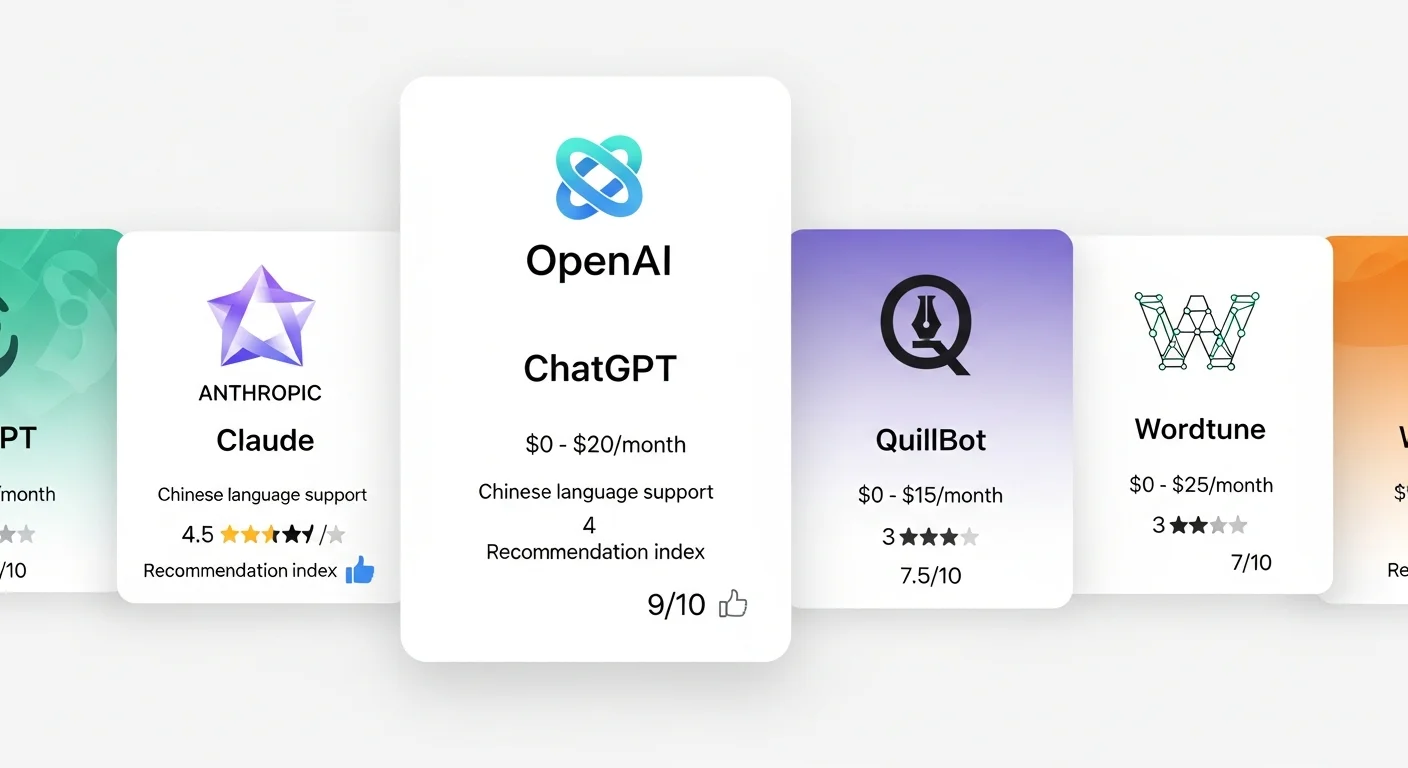 AI 改寫工具比較圖，以卡片形式呈現四大工具：ChatGPT、Claude、QuillBot、Wordtune，每張卡片顯示工具 Logo、價格區間、中文支援度星等、推薦指數
