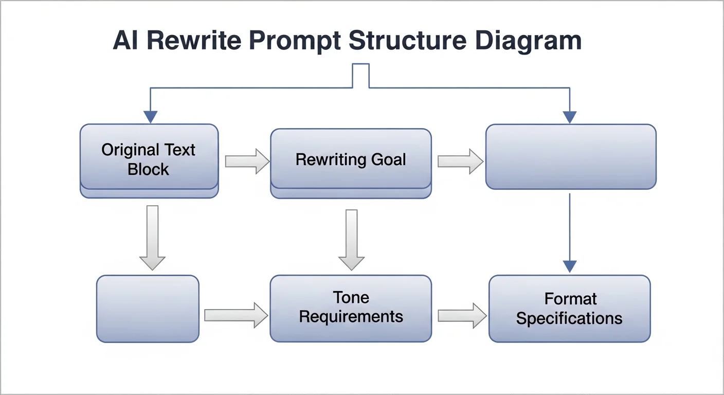 AI 改寫 Prompt 結構圖，展示完整 Prompt 的組成元素：原文區塊、改寫目標、語氣要求、格式規範，使用流程圖形式呈現，配色為專業藍灰色調