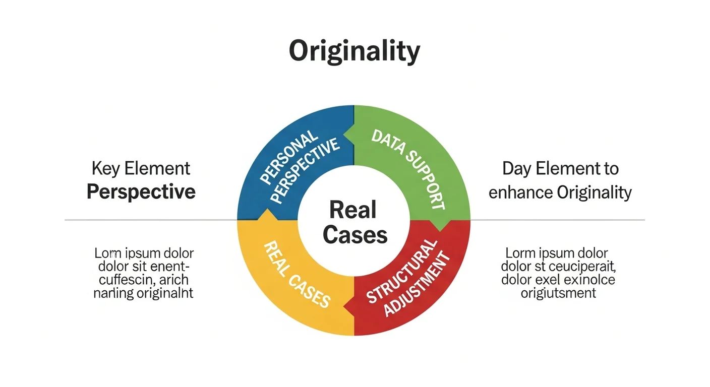 原創性提升要素圖，以圓形圖表呈現四大要素：個人觀點、數據佐證、真實案例、結構調整，每個要素以不同顏色區分，中央標示「原創性」