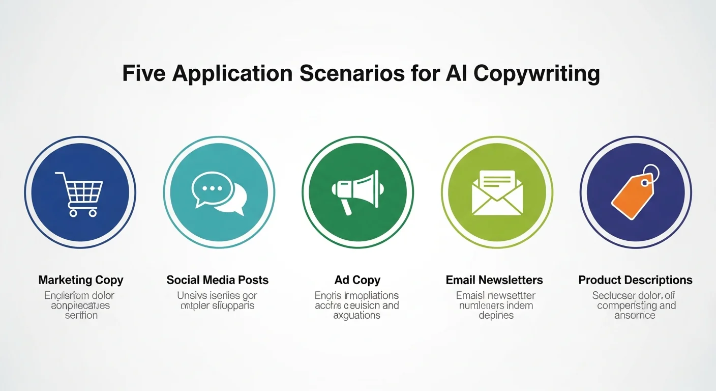 AI 文案五大應用場景圖，以五個圓形圖示呈現：行銷文案（購物車圖示）、社群貼文（對話泡泡圖示）、廣告文案（擴音器圖示）、電子報（信封圖示）、產品描述（標籤圖示），每個圖示下方標註應用說明