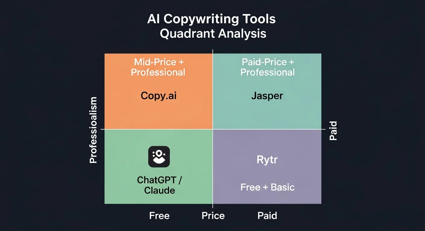 AI 文案工具四象限圖，橫軸為「價格」（免費到付費），縱軸為「專業程度」（通用到專業），四象限分別放置：ChatGPT/Claude（免費+通用）、Rytr（免費+基礎）、Jasper（付費+專業）、Copy.ai（中價+專業）