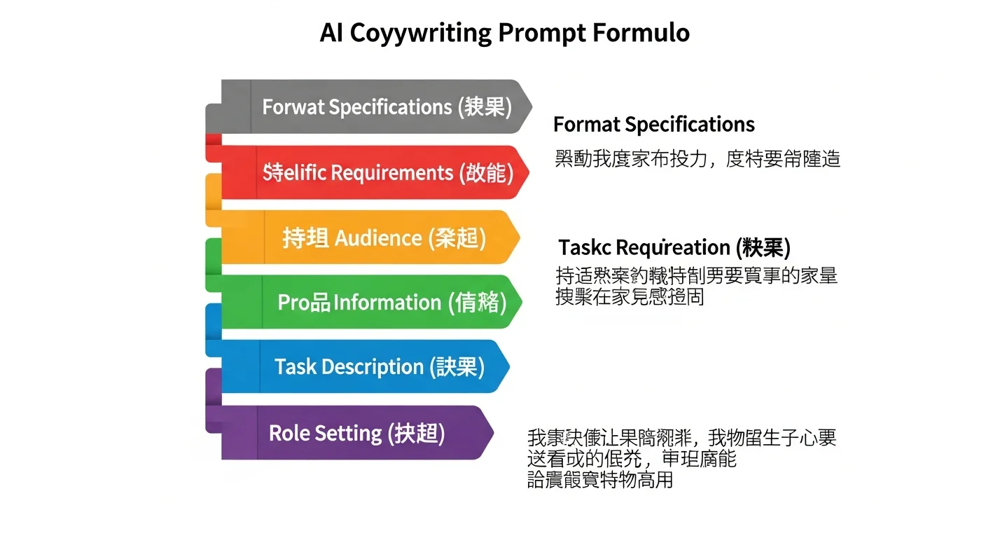 AI 文案 Prompt 公式圖解，以六個堆疊方塊呈現公式元素：角色設定（紫色）、任務描述（藍色）、產品資訊（綠色）、目標受眾（橙色）、具體要求（紅色）、格式規範（灰色），每個方塊有簡短說明
