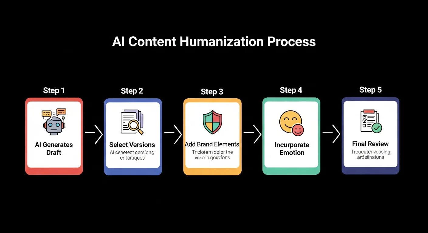 AI 文案人性化流程圖，展示五個步驟：AI 產出初稿→篩選版本→加入品牌元素→融入情感→最終檢查，使用箭頭連接各步驟，每步驟有小圖示說明