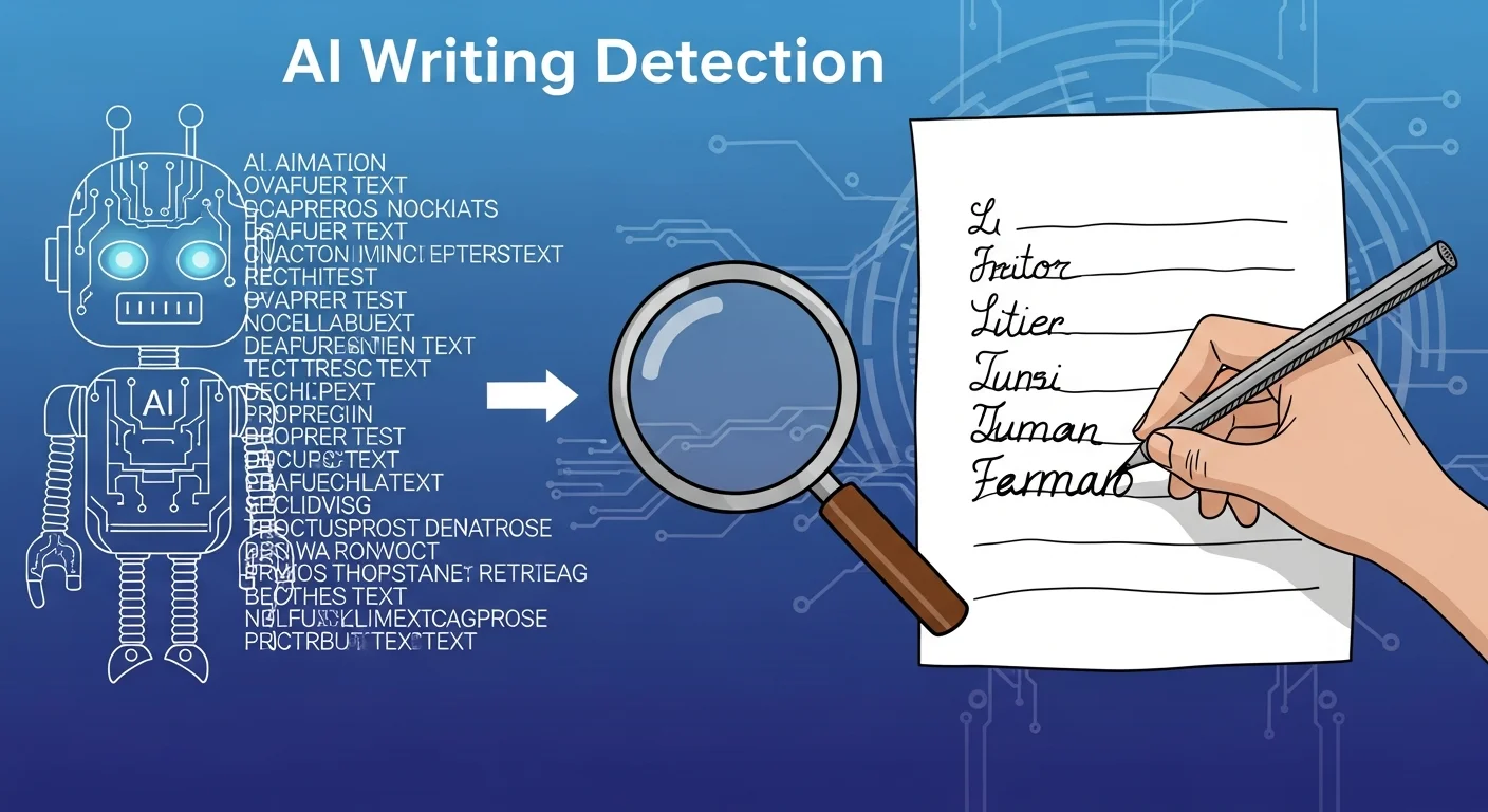 AI 寫作檢測概念圖，左側為代表 AI 的機器人圖示產出文字，右側為代表人類的手繪風格文字，中間有放大鏡圖示象徵檢測，背景為藍紫色科技漸層