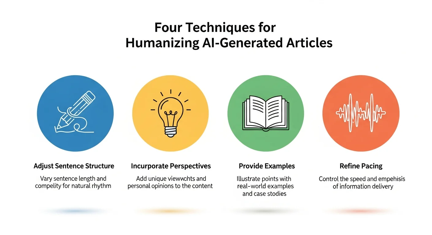 AI 文章人性化四大技巧圖，以四個圓形圖示呈現：調整句式（鉛筆圖示）、加入觀點（燈泡圖示）、補充案例（書本圖示）、調整節奏（波浪圖示），每個圖示下方有簡短說明