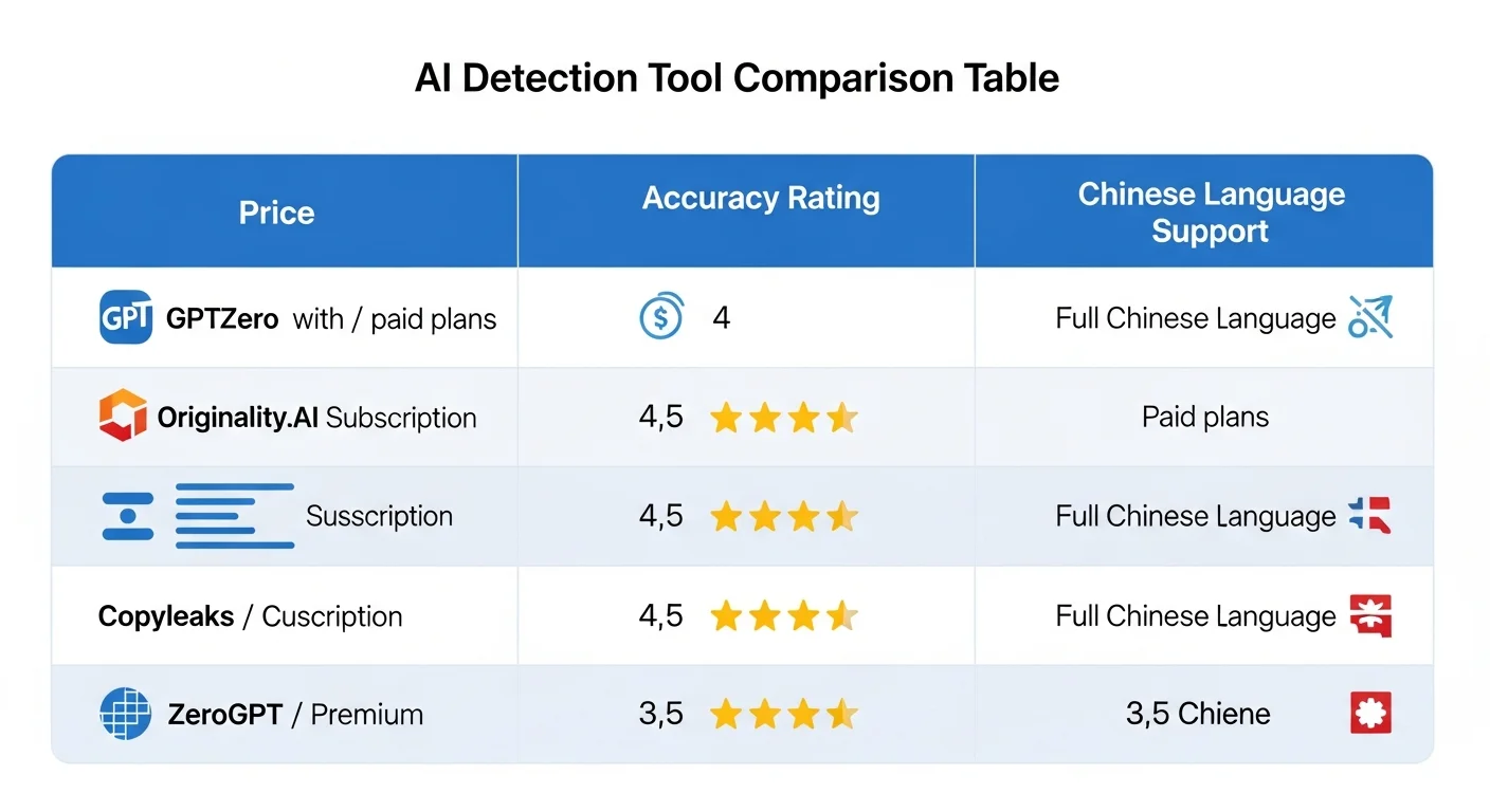 AI 檢測工具比較表格圖，以表格形式呈現 GPTZero、Originality.AI、Copyleaks、ZeroGPT 四大工具，欄位包含價格、準確度星等、中文支援度，使用藍白配色