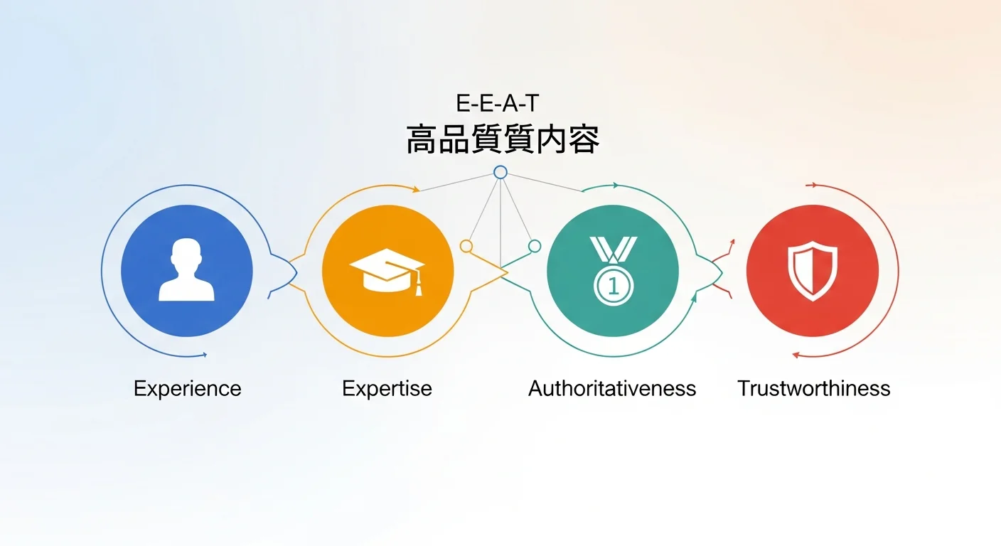 Google E-E-A-T 原則圖解，以四個相連的圓形呈現：Experience 經驗（人物剪影）、Expertise 專業（畢業帽）、Authoritativeness 權威（獎章）、Trustworthiness 可信（盾牌），中央標示「高品質內容」