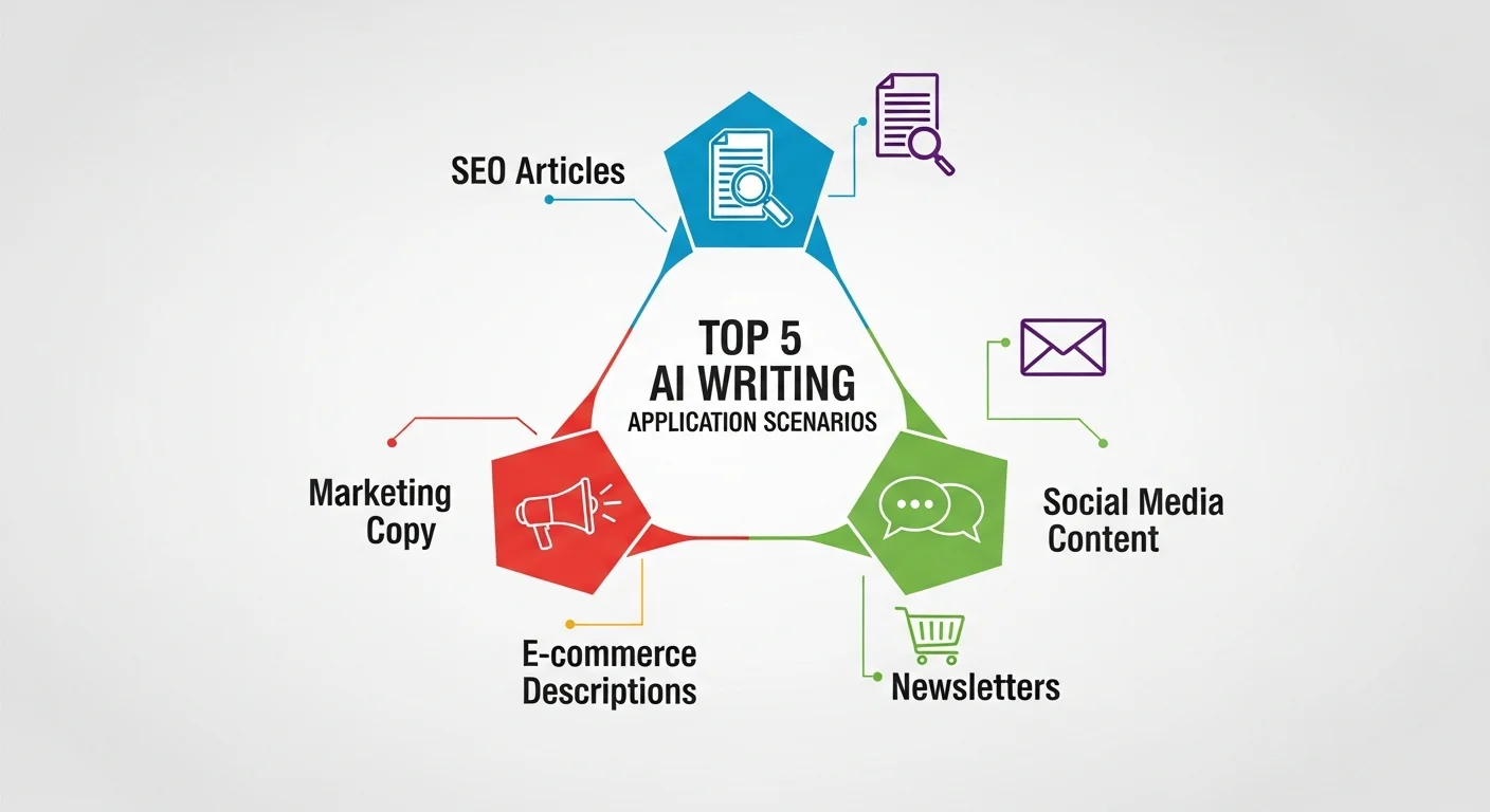 AI 寫作五大應用場景圖，以五角形佈局呈現：SEO 文章（搜尋圖示）、行銷文案（擴音器圖示）、社群內容（對話泡泡圖示）、電商描述（購物車圖示）、電子報（信封圖示），每個圖示以不同顏色區分