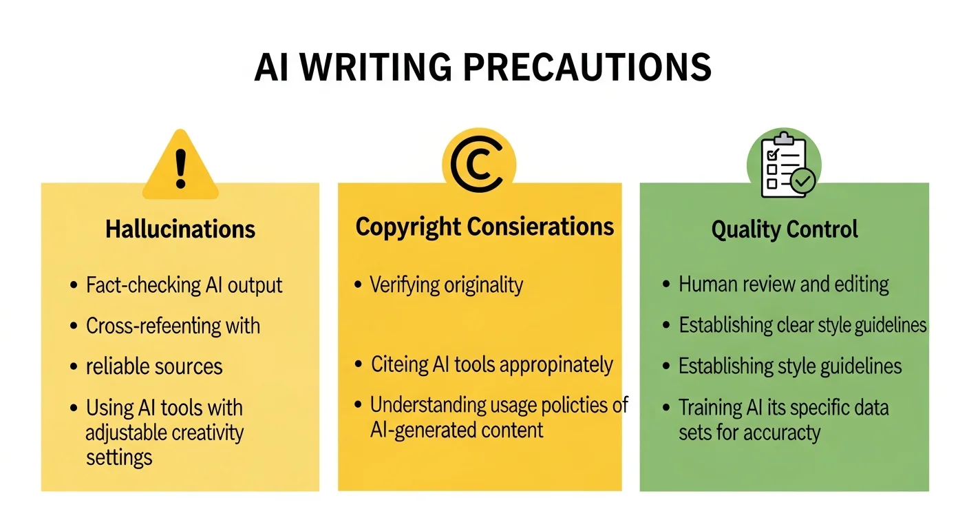 AI 寫作注意事項圖，以三欄式呈現三大風險：幻覺問題（警告三角圖示）、版權考量（版權符號圖示）、品質控管（核取方塊圖示），每欄下方列出解決方案，使用黃色警示與綠色解決方案的對比配色