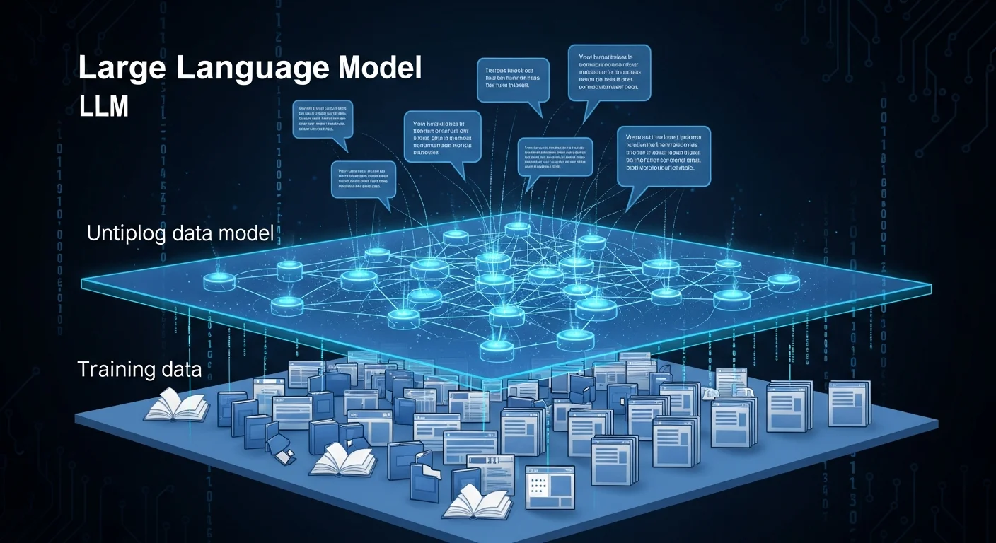 大型語言模型運作原理圖，以三層結構呈現：底層為大量訓練資料（書籍、網頁圖示）、中層為神經網路處理（連接的節點）、頂層為產出內容（文字氣泡），使用藍色科技配色