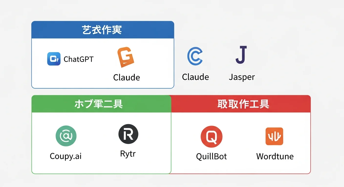 AI 寫作工具分類圖，以三個類別呈現：文章產生器（ChatGPT、Claude、Jasper Logo）、文案生成器（Copy.ai、Rytr Logo）、改寫工具（QuillBot、Wordtune Logo），每類別以不同顏色區分