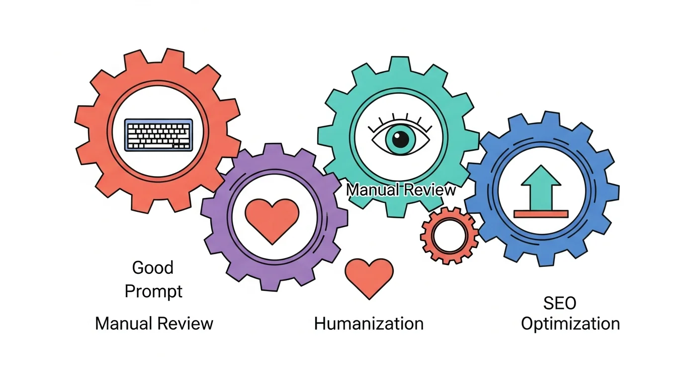 高品質 AI 文章四要素圖，以四個相連的齒輪呈現：好 Prompt（鍵盤圖示）、人工審核（眼睛圖示）、人性化處理（心型圖示）、SEO 優化（上升箭頭），齒輪互相咬合象徵協作