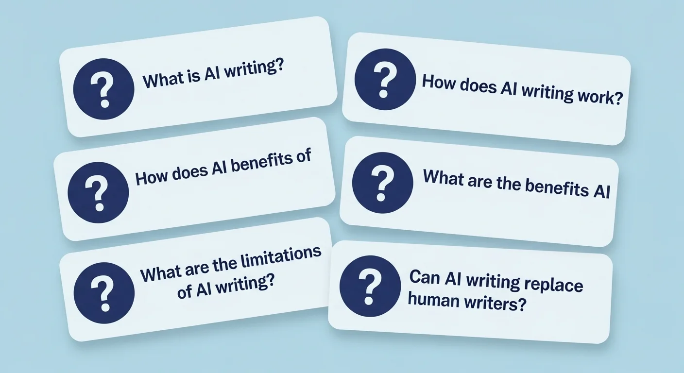 AI 寫作常見問題圖解，以問答卡片形式呈現五個常見問題，每張卡片左側有問號圖示，右側為簡短答案摘要，使用淺藍色背景與深藍色文字