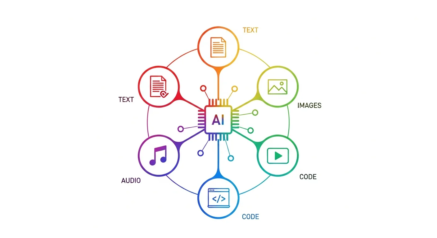 AIGC 內容類型總覽圖，中央為 AI 晶片圖示，周圍環繞五種內容類型：文字（文件圖示）、圖片（相框圖示）、影片（播放按鈕圖示）、音訊（音符圖示）、程式碼（代碼圖示），使用彩虹漸層配色展現多元性