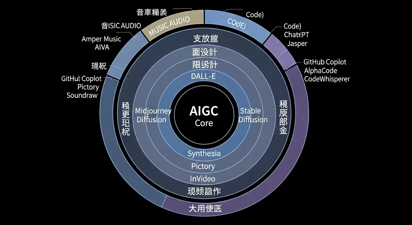 AIGC 五大應用領域圓形圖，以同心圓呈現：最內圈為 AIGC 核心，向外依次為文字生成、圖像設計、影片製作、音樂音訊、程式碼，每層使用不同顏色區分，外圈標註代表工具名稱