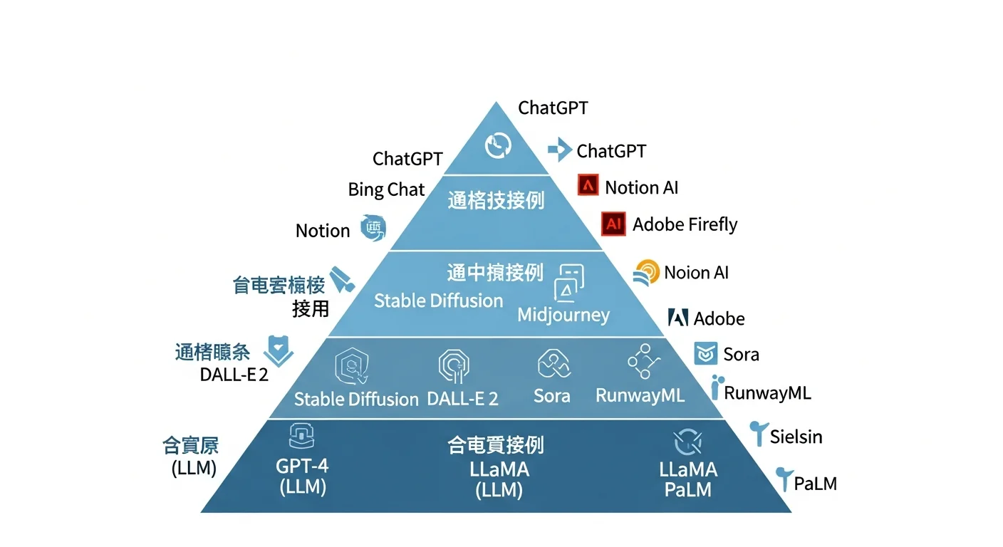 AIGC 技術架構圖，以金字塔結構呈現：底層為大型語言模型（LLM）、中層為擴散模型與影音模型、頂層為各種應用工具，每層標註代表技術與工具名稱