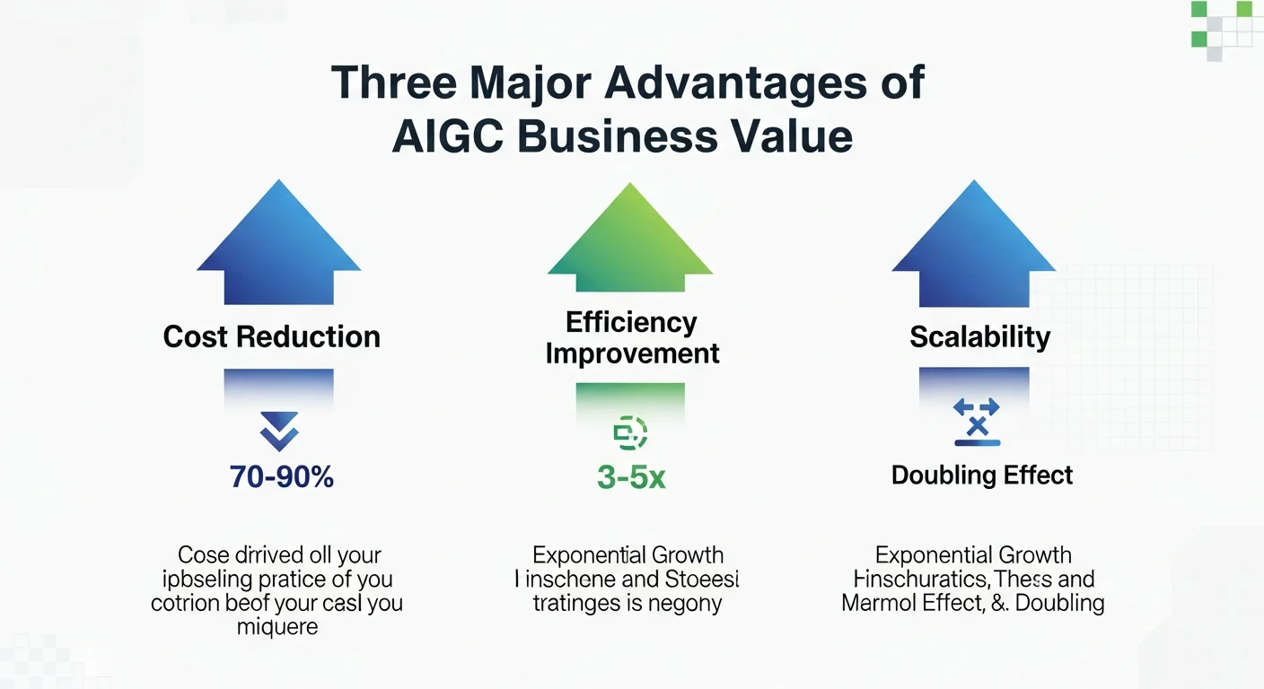 AIGC 商業價值三大優勢圖，以三個上升箭頭呈現：成本降低（向下箭頭 70-90%）、效率提升（向上箭頭 3-5 倍）、規模化（倍增圖示），每個優勢配有具體數據說明