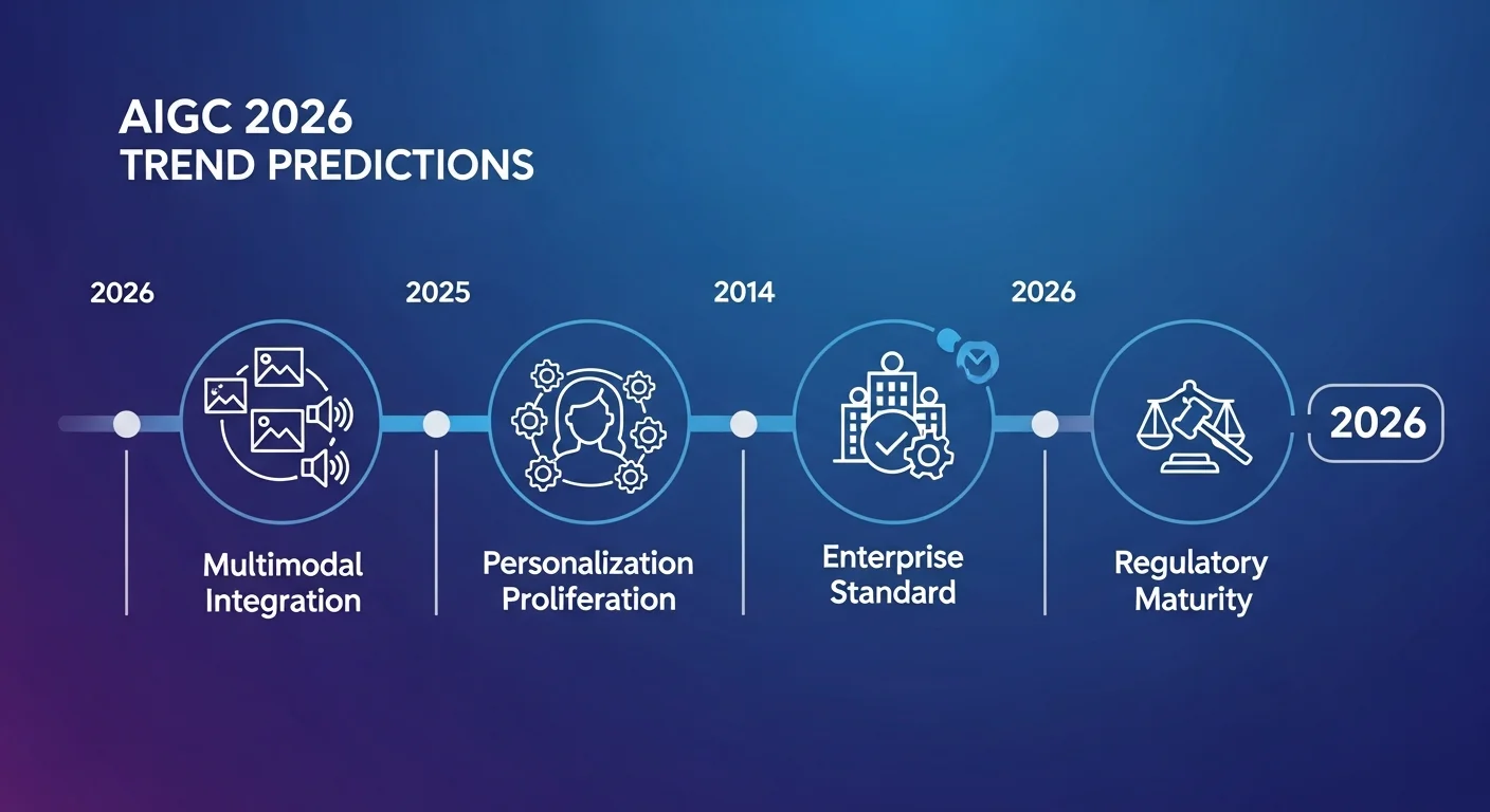 AIGC 2026 年趨勢預測圖，以時間軸呈現四大趨勢：多模態整合、個人化普及、企業標配、法規完善，每個趨勢節點配有圖示說明，使用藍紫色漸層配色展現未來感