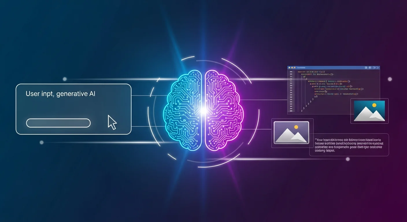 生成式 AI 概念圖，左側為輸入指令的文字方塊，中央為發光的 AI 大腦圖示正在處理，右側為產出的多種內容（文字、圖片、程式碼），使用藍色到紫色的科技漸層配色