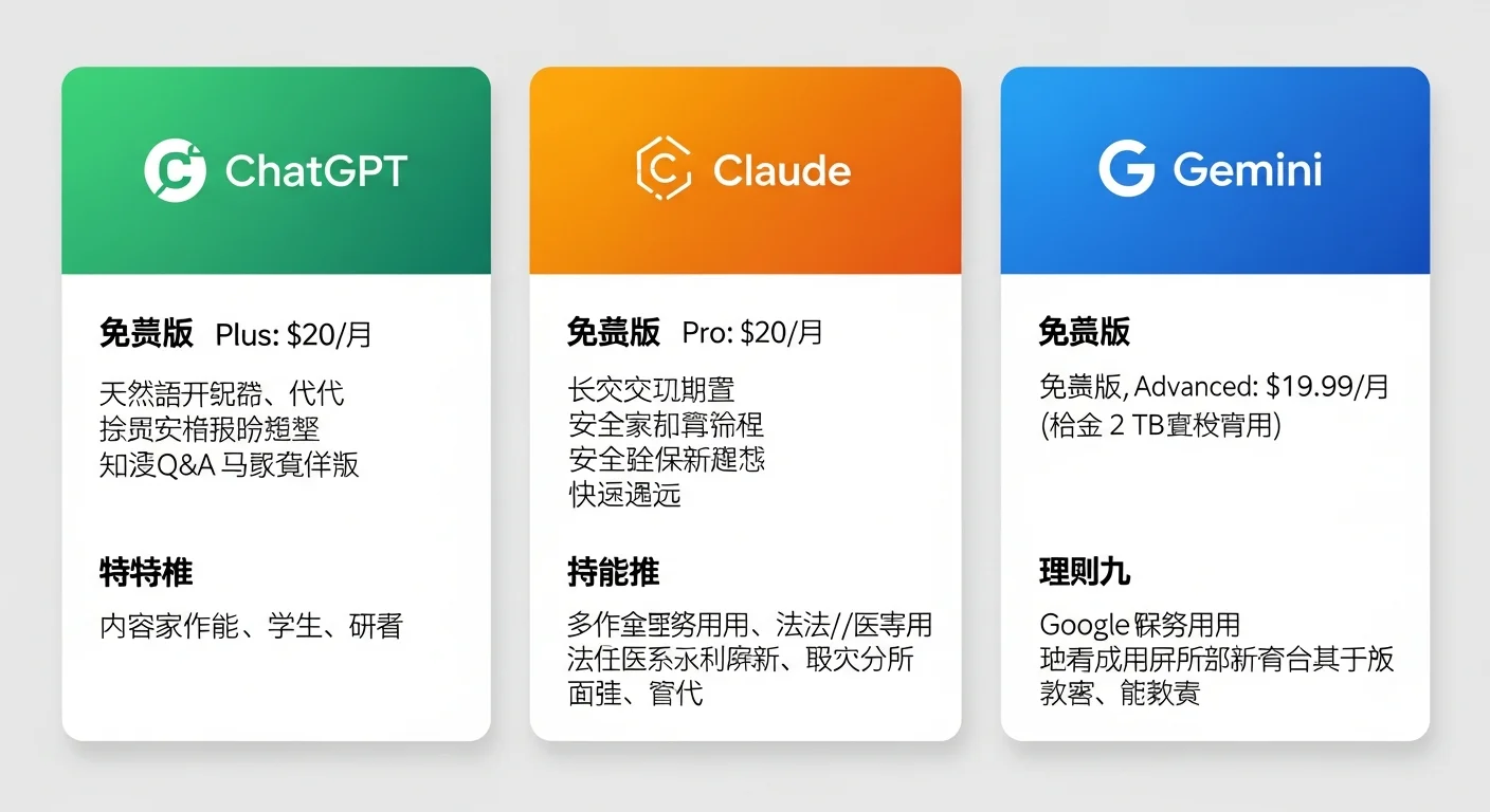 主流生成式 AI 工具比較圖，以三欄卡片形式呈現 ChatGPT（綠色）、Claude（橘色）、Gemini（藍色）三大工具，每張卡片顯示 Logo、價格、特色、適合對象