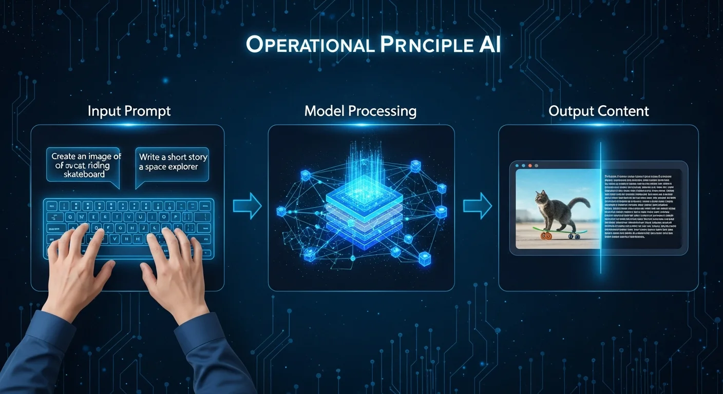 生成式 AI 運作原理圖解，以三步驟呈現：輸入 Prompt（鍵盤打字）→ 模型處理（神經網路動畫）→ 輸出內容（文字/圖片），使用藍色科技風格配色