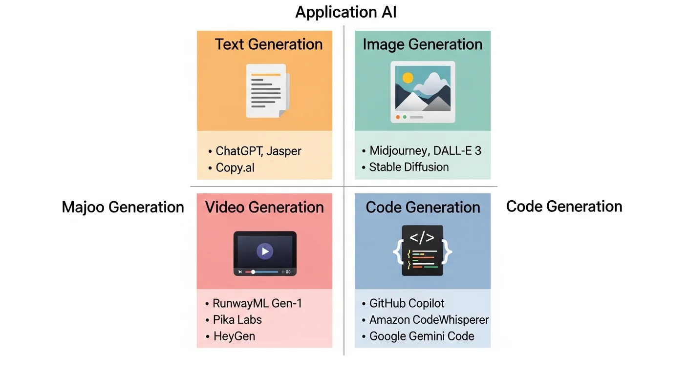 生成式 AI 四大應用場景圖，以四象限呈現：文字生成（文件圖示）、圖像生成（相框圖示）、影片生成（播放器圖示）、程式碼生成（代碼圖示），每象限列出代表工具名稱