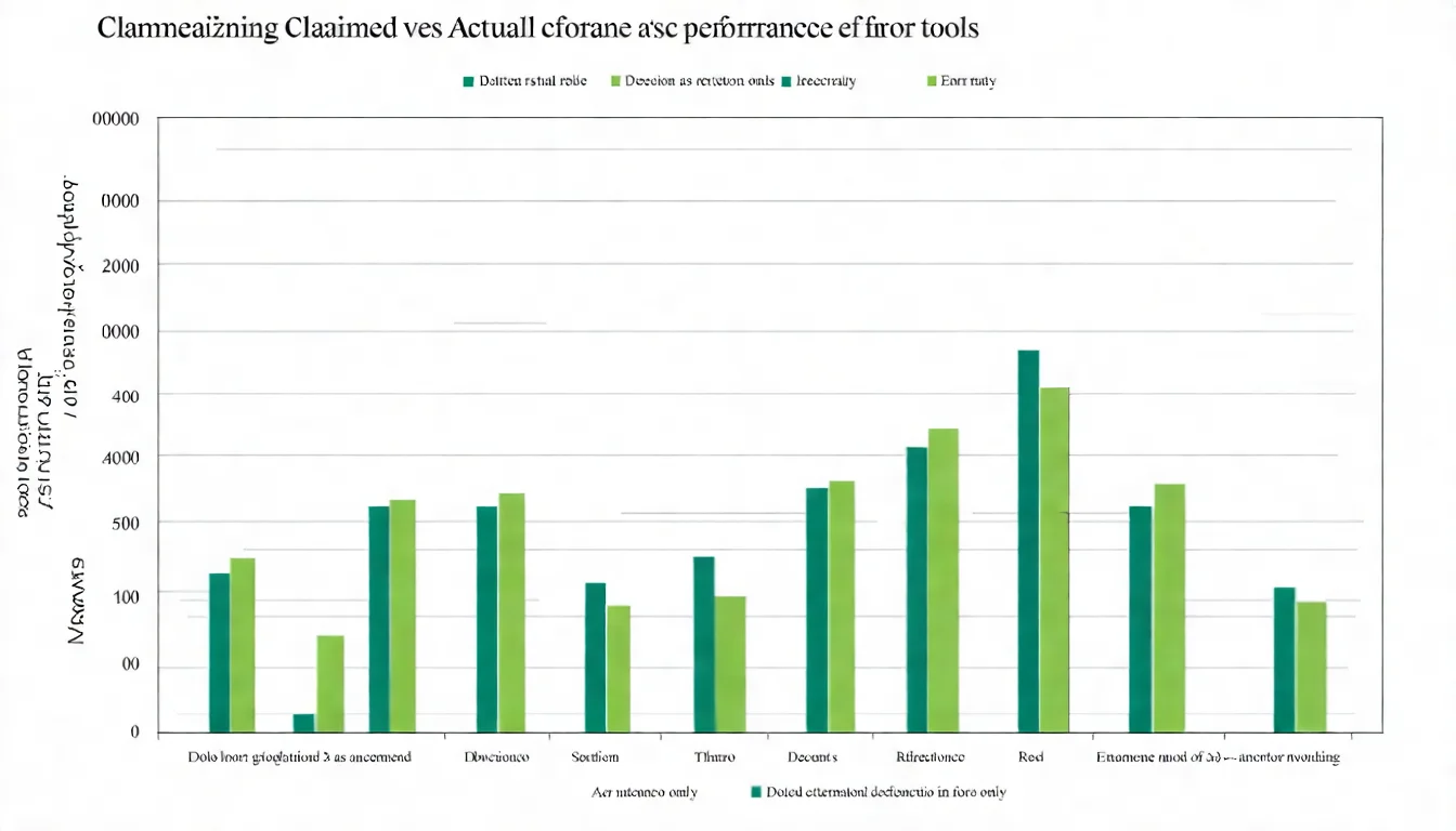 AI 檢測準確度視覺化圖表，以長條圖呈現各工具的宣稱準確度與實際表現差距，並標註誤判率