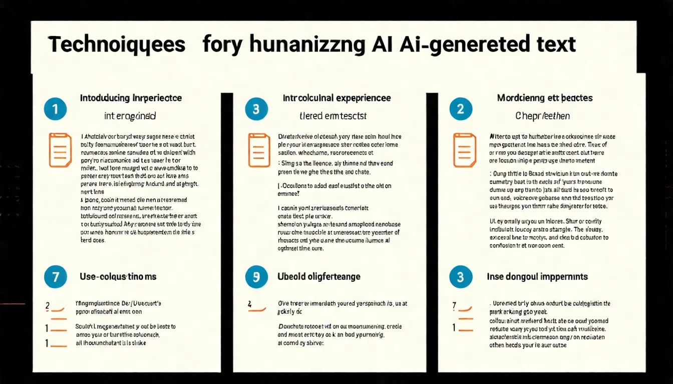 AI 文章人性化技巧示意圖，展示加入個人經驗、口語化表達、製造不完美等優化方法