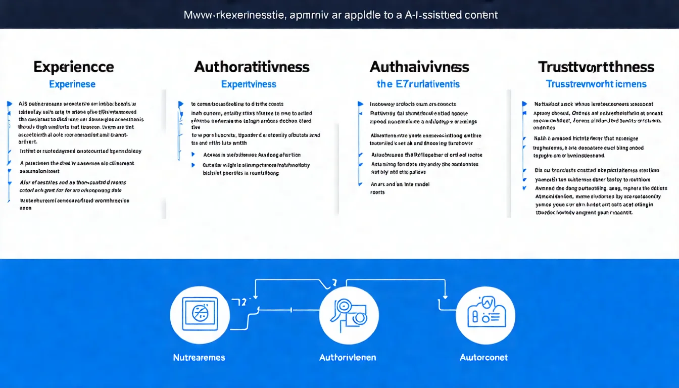 Google E-E-A-T 與 AI 內容示意圖，展示經驗、專業、權威、可信度四個要素如何應用於 AI 輔助內容