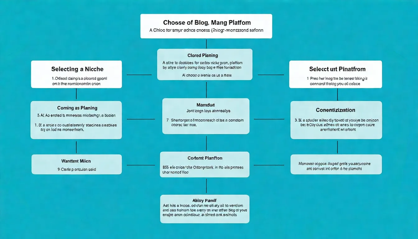 部落格經營完整流程圖，展示從選擇利基、選擇平台、規劃內容到變現獲利的完整路徑