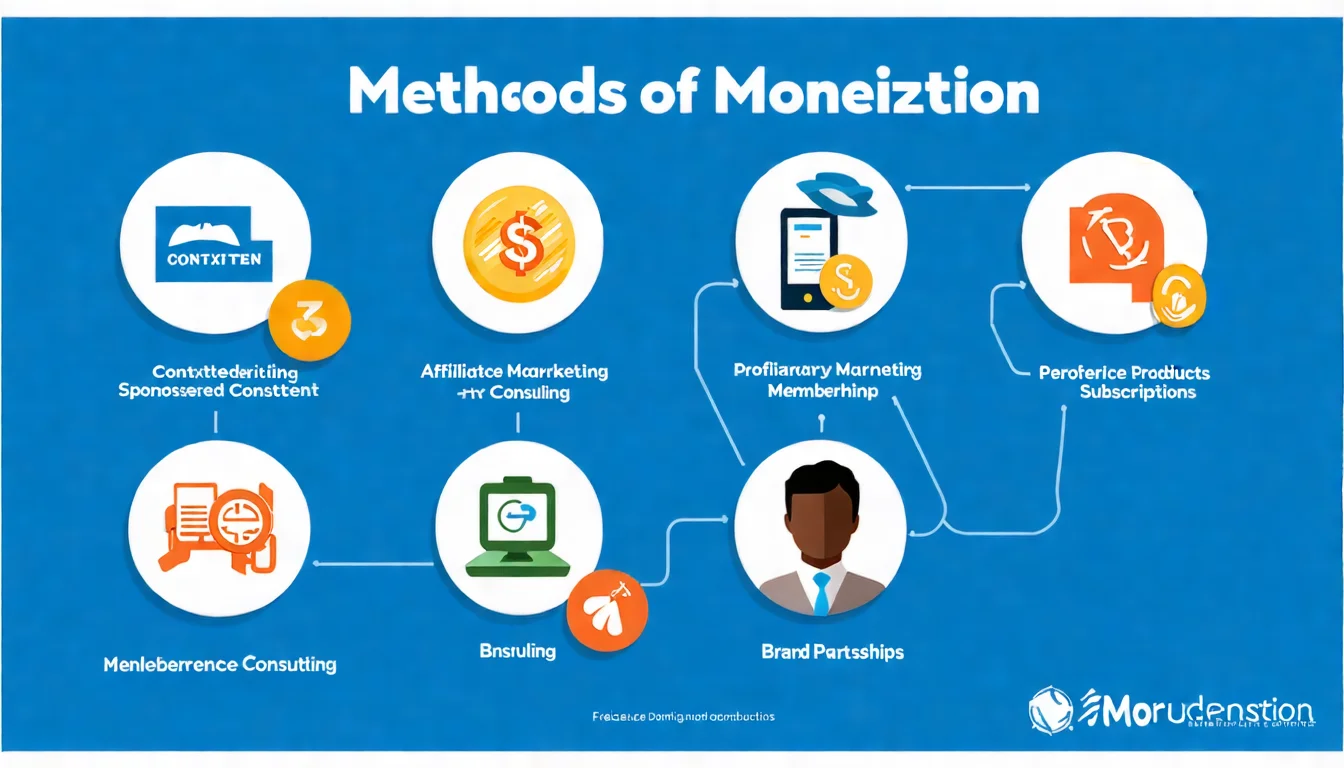 部落格 7 種變現方式資訊圖表，以圖示呈現 AdSense、聯盟行銷、業配、自有產品、會員訂閱、接案顧問、品牌合作