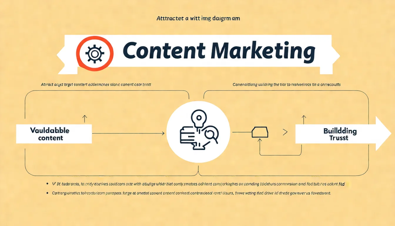 內容行銷定義概念圖，展示品牌透過有價值內容吸引目標受眾、建立信任、最終促成轉換的完整流程