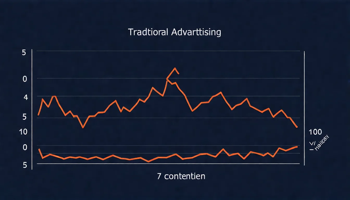 內容行銷 vs 傳統廣告效益曲線圖，以雙線圖呈現傳統廣告的短期效果與內容行銷的長期累積效果對比