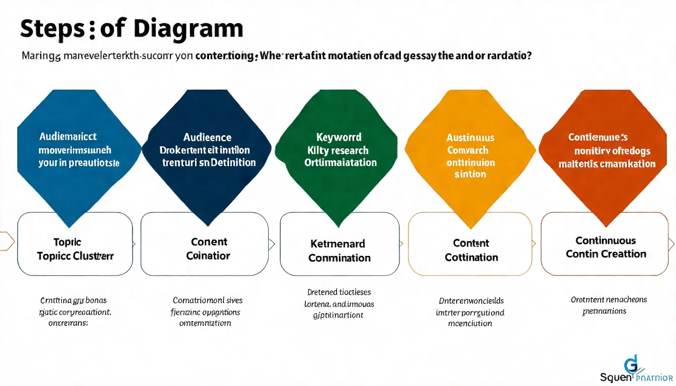 內容行銷策略規劃 5 步驟流程圖，展示定義受眾、關鍵字研究、Topic Cluster、內容製作、持續優化的完整流程