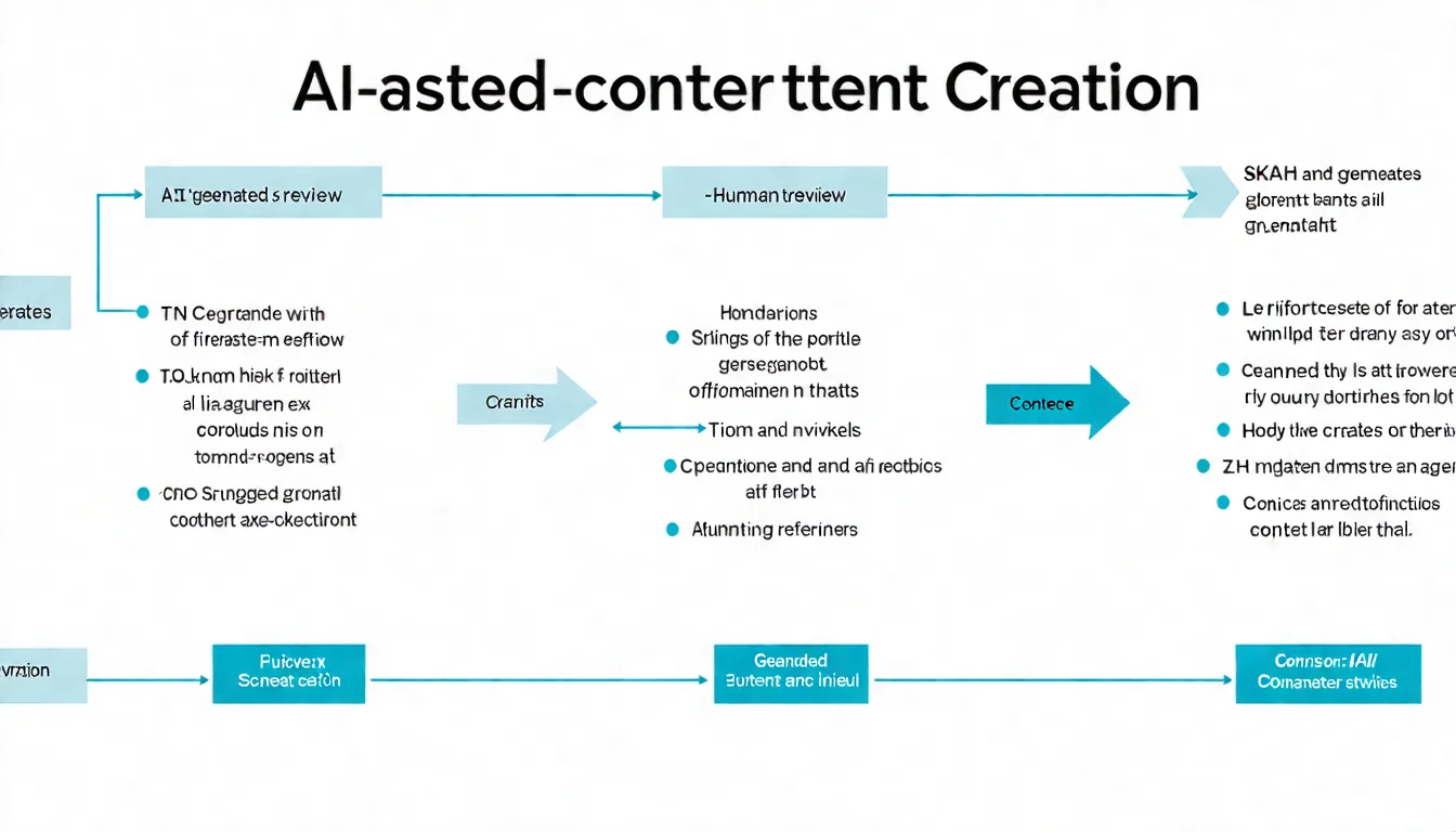 AI 輔助內容製作流程圖，展示 AI 負責初稿產出、人工負責審核優化的人機協作最佳實踐流程