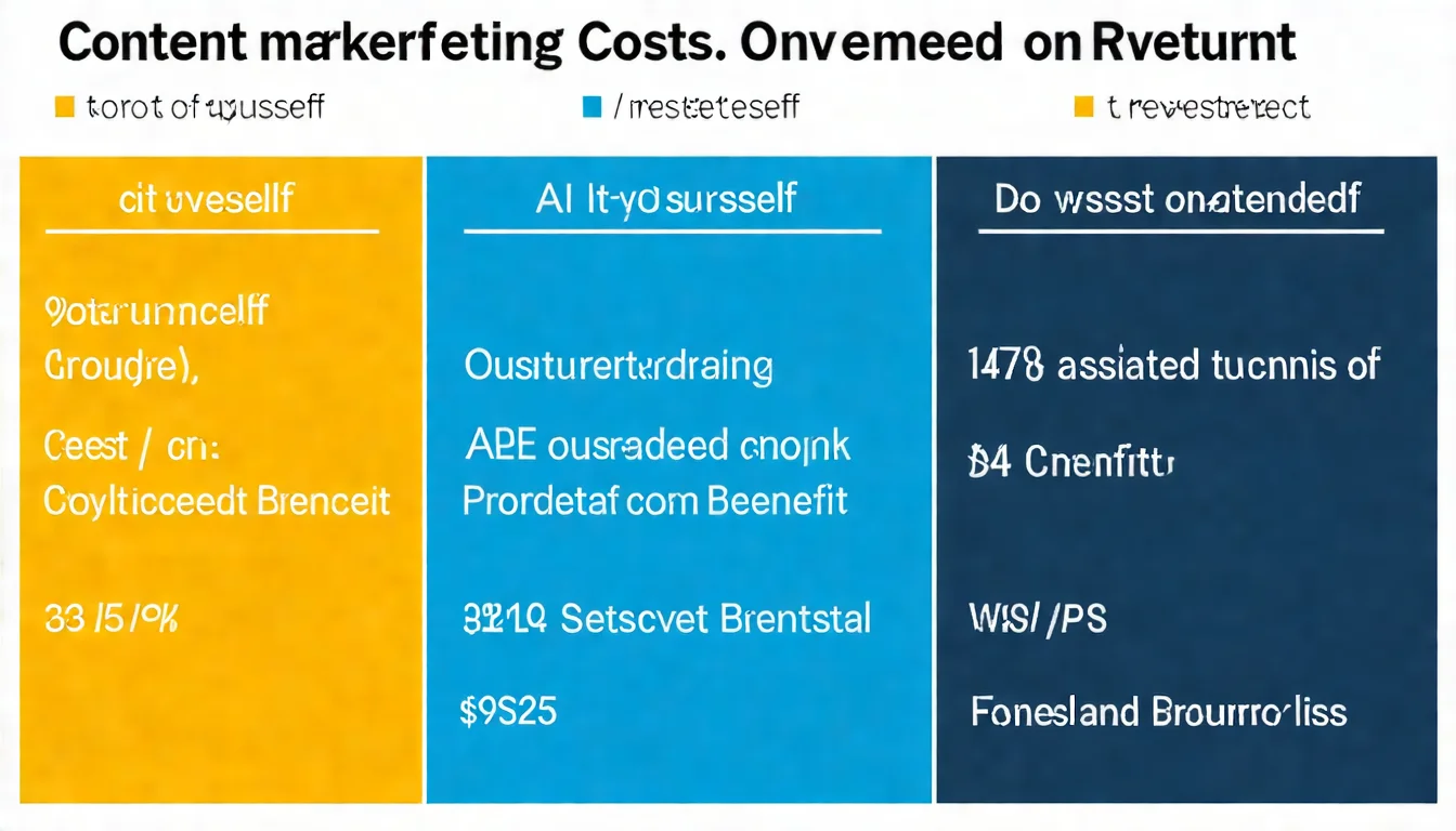 內容行銷費用與投資報酬示意圖，展示不同做法（自己做、外包、AI 輔助）的成本與預期效益對比