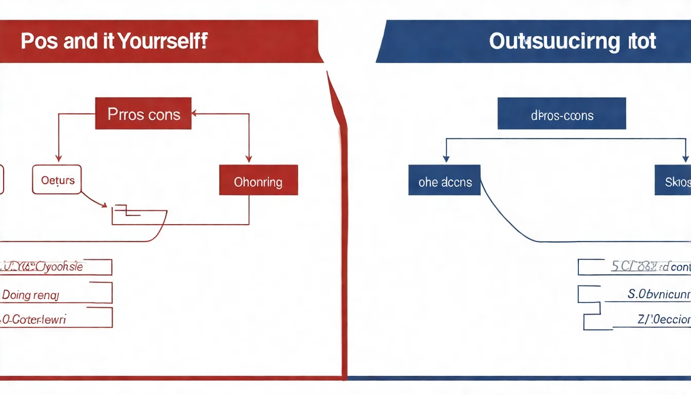 內容行銷外包決策流程圖，展示自己做 vs 外包的優缺點比較，幫助讀者評估是否適合外包