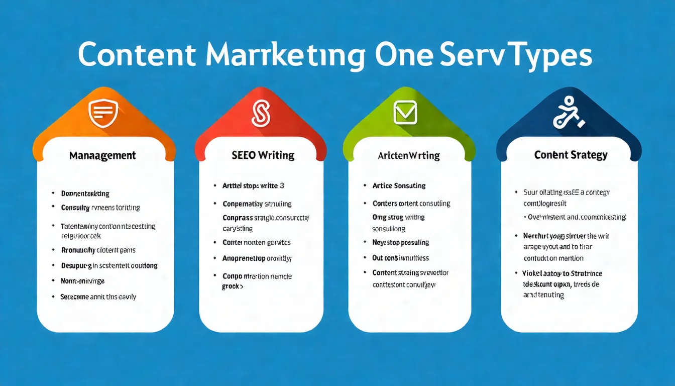 內容行銷服務類型示意圖，以圖示呈現 SEO 代操、文章代寫、內容策略顧問、一站式服務四種服務類型