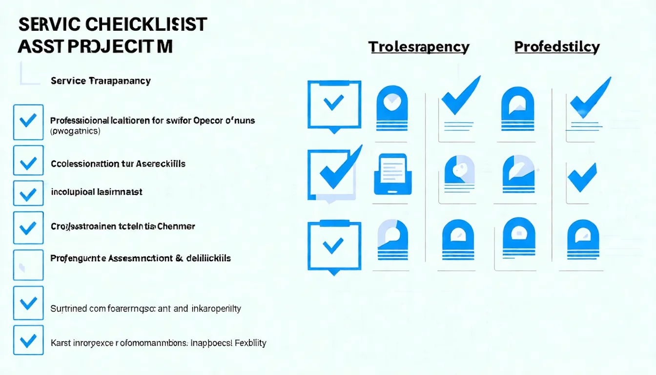 服務商選擇檢核清單，以打勾清單形式呈現評估過去案例、服務透明度、專業能力、合作彈性等重點