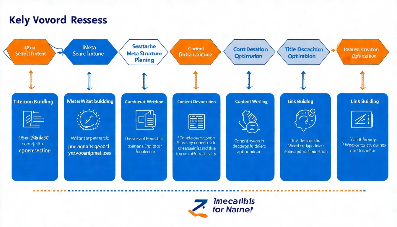 SEO 文章撰寫 7 步驟流程圖，展示關鍵字研究、搜尋意圖分析、架構規劃、標題撰寫、Meta 優化、內文撰寫、連結建設的完整流程