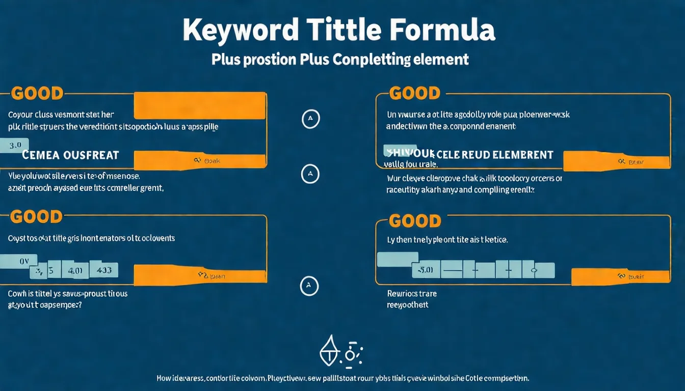 SEO 標題黃金公式圖解，展示「關鍵字 + 價值主張 + 吸引元素」的標題結構，附上好壞標題範例對比