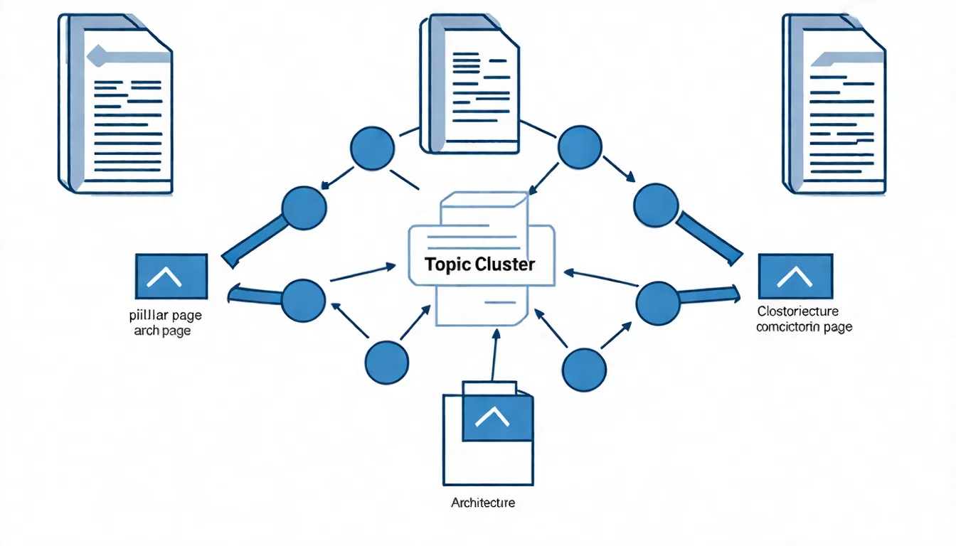 Topic Cluster 架構示意圖，展示核心頁面（Pillar Page）位於中心，周圍環繞多篇衛星文章（Cluster Pages），以箭頭連接顯示內部連結關係