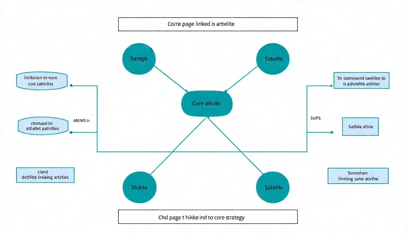 Topic Cluster 內部連結策略圖，展示衛星文章連到核心頁面、核心頁面連到衛星文章、衛星文章互相連結的三種連結方向