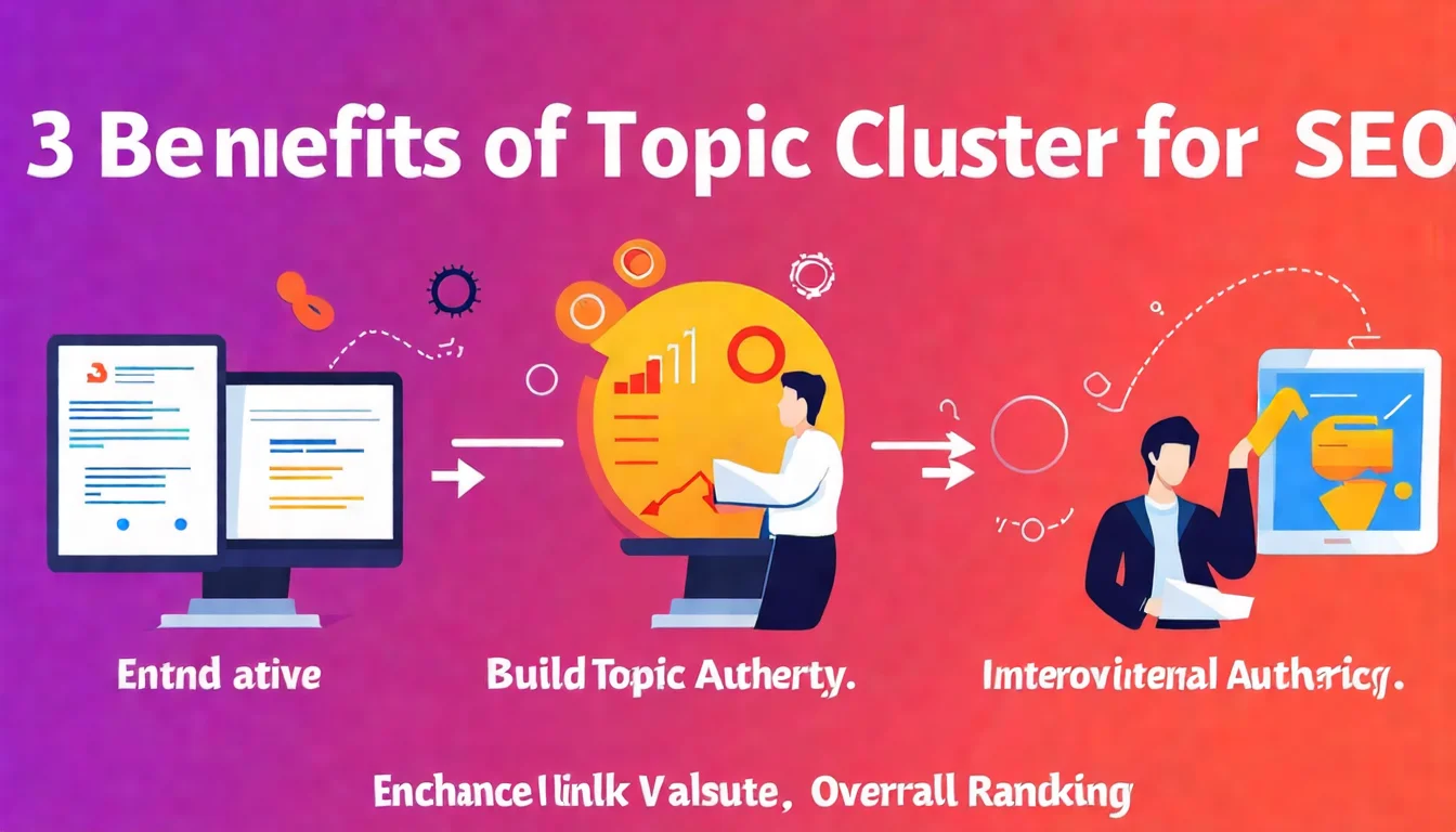 Topic Cluster 提升 SEO 的三大好處示意圖，展示建立主題權威性、增強內部連結價值、提升整體排名的效益